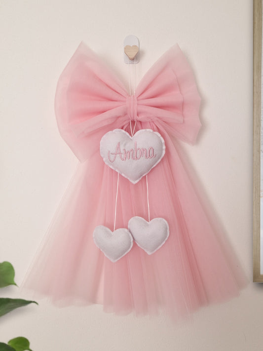 fiocco nascita TULLE ROSA personalizzato fatto a mano